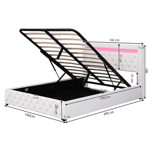 Cama estofada 140x190 cm - armazenamento hidráulico, estrado de ripas, LED, PU - Branco Cama estofada 140x190 cm - armazenamento hidráulico, estrado de ripas, LED, PU - Branco