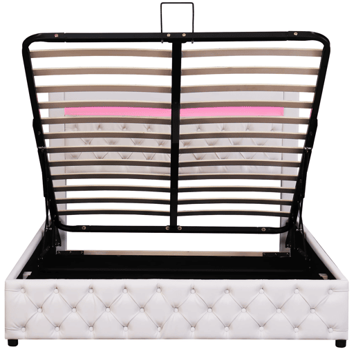 Cama estofada 140x190 cm - armazenamento hidráulico, estrado de ripas, LED, PU - Branco Cama estofada 140x190 cm - armazenamento hidráulico, estrado de ripas, LED, PU - Branco