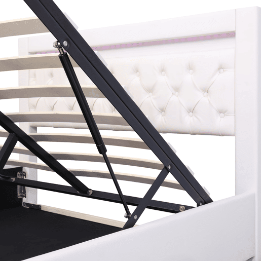 Cama estofada 140x190 cm - armazenamento hidráulico, estrado de ripas, LED, PU - Branco Cama estofada 140x190 cm - armazenamento hidráulico, estrado de ripas, LED, PU - Branco