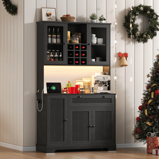 Armário alto de cozinha 180x105x40 cm - Vitrine com prateleiras ajustáveis, LED, tomada - Preto