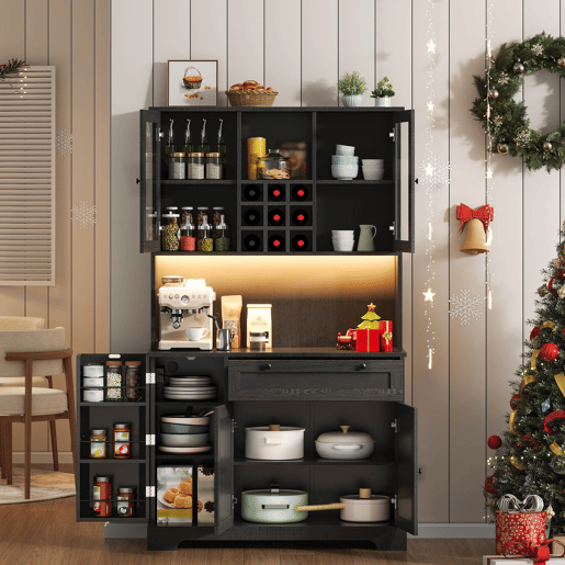 Armário alto de cozinha 180x105x40 cm - Vitrine com prateleiras ajustáveis, LED, tomada - Preto