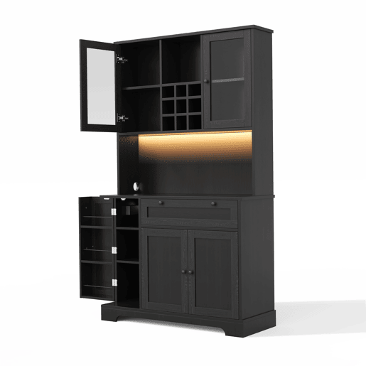Armário alto de cozinha 180x105x40 cm - Vitrine com prateleiras ajustáveis, LED, tomada - Preto