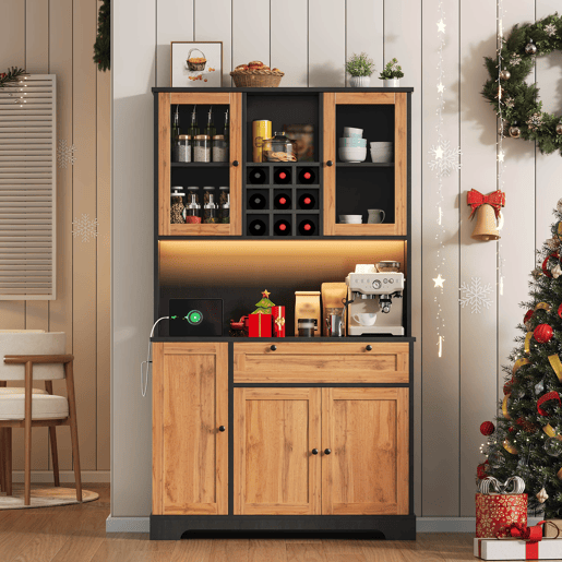 Armário alto de cozinha 180x105x40 cm - Prateleira ajustável, LED multicolorido, tomada - PretoNatural