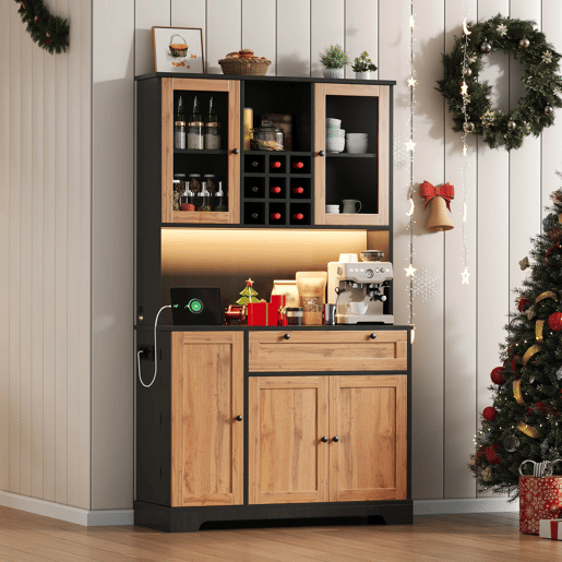 Armário alto de cozinha 180x105x40 cm - Prateleira ajustável, LED multicolorido, tomada - PretoNatural