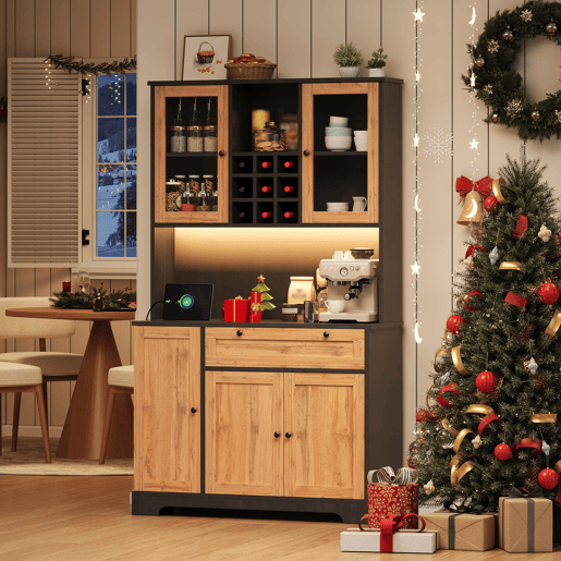Armário alto de cozinha 180x105x40 cm - Prateleira ajustável, LED multicolorido, tomada - PretoNatural