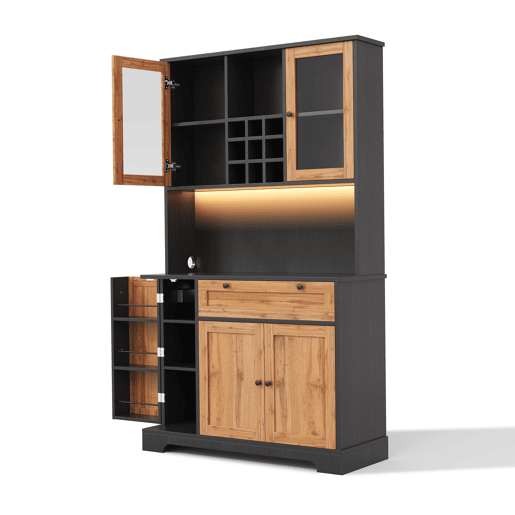 Armário alto de cozinha 180x105x40 cm - Prateleira ajustável, LED multicolorido, tomada - PretoNatural
