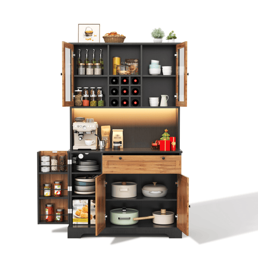 Armário alto de cozinha 180x105x40 cm - Prateleira ajustável, LED multicolorido, tomada - PretoNatural