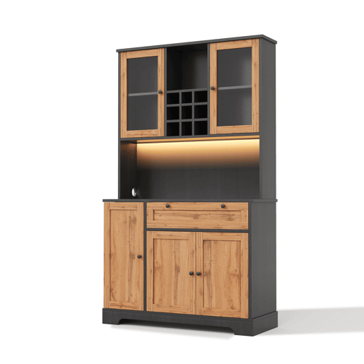 Armário alto de cozinha 180x105x40 cm - Prateleira ajustável, LED multicolorido, tomada - PretoNatural