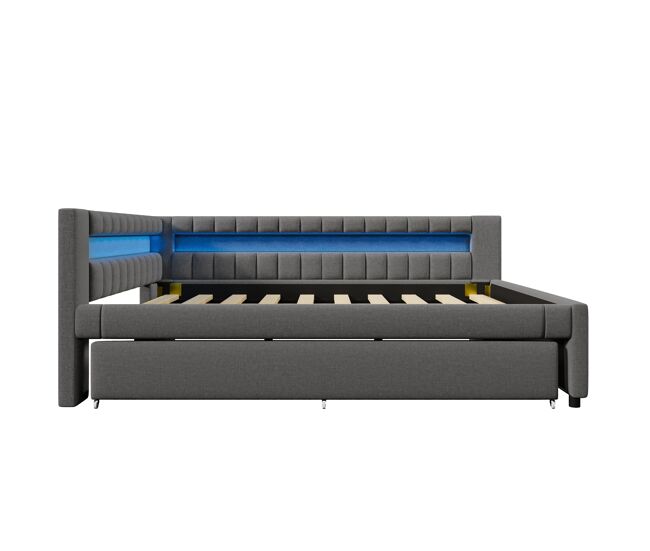 Sofá cama 140x200 cm - led con mando, cama extraíble, usb + type-c - gris