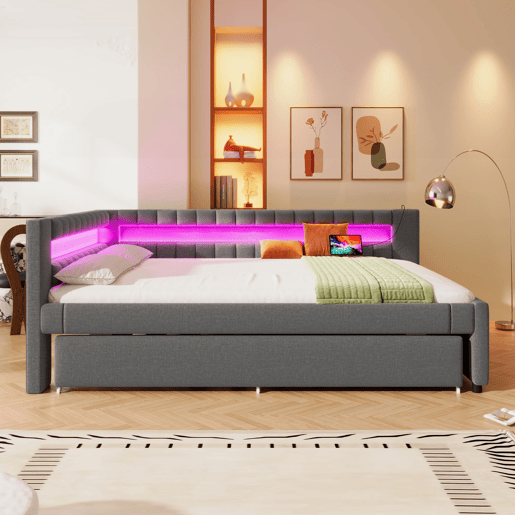 Sofá-cama 140x200 cm - LED com comando, cama extraível, USB + TYPE-C - Cinza