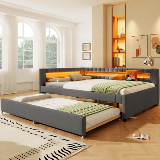 Sofá-cama 140x200 cm - LED com comando, cama extraível, USB + TYPE-C - Cinza