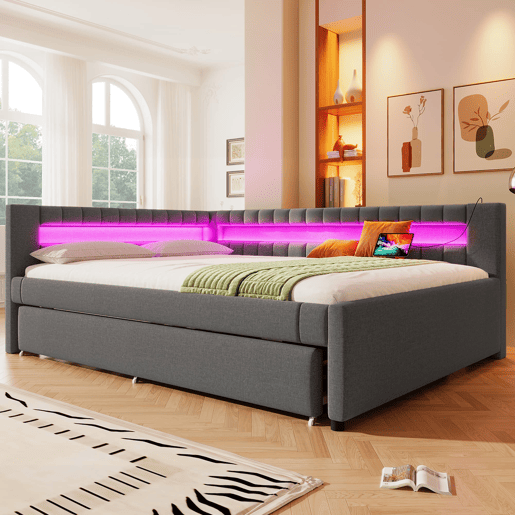 Sofá-cama 140x200 cm - LED com comando, cama extraível, USB + TYPE-C - Cinza