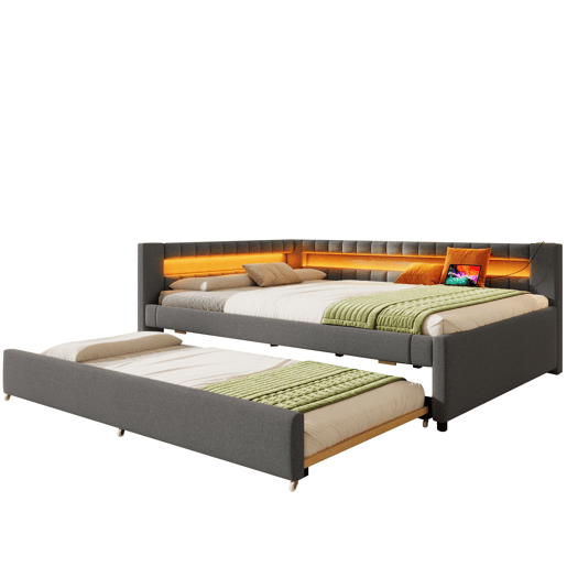 Sofá-cama 140x200 cm - LED com comando, cama extraível, USB + TYPE-C - Cinza