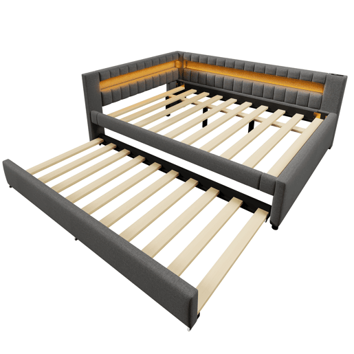 Sofá-cama 140x200 cm - LED com comando, cama extraível, USB + TYPE-C - Cinza