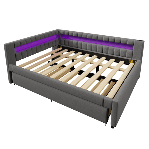 Sofá-cama 140x200 cm - LED com comando, cama extraível, USB + TYPE-C - Cinza