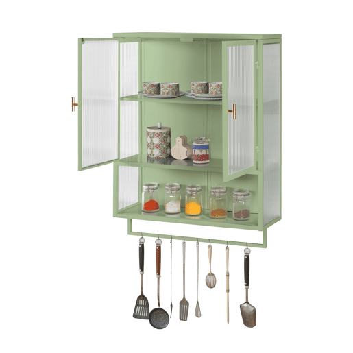 Móvel de parede com portas de vidro 60 cm - Armazenamento fechado em 2 níveis, prateleira aberta, toalheiro - Verde