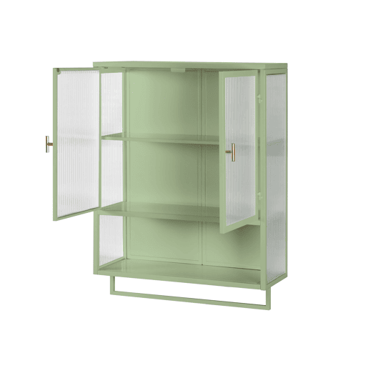 Móvel de parede com portas de vidro 60 cm - Armazenamento fechado em 2 níveis, prateleira aberta, toalheiro - Verde
