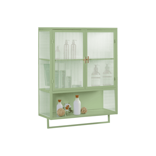 Móvel de parede com portas de vidro 60 cm - Armazenamento fechado em 2 níveis, prateleira aberta, toalheiro - Verde
