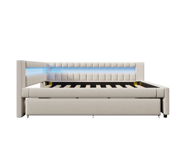 Sofá cama 140x200 cm - cama con led, cama nido, usb + type-c, lino - beige