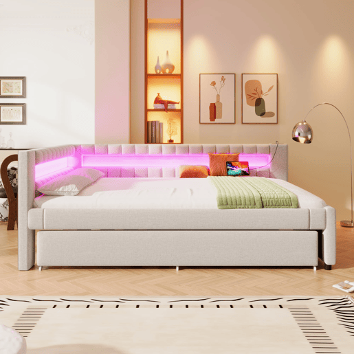Sofá-cama 140x200 cm - Cama com LED, cama extra, USB + TYPE-C, linho - Bege Sofá-cama 140x200 cm - Cama com LED, cama extra, USB + TYPE-C, linho - Bege