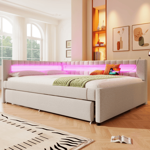 Sofá-cama 140x200 cm - Cama com LED, cama extra, USB + TYPE-C, linho - Bege Sofá-cama 140x200 cm - Cama com LED, cama extra, USB + TYPE-C, linho - Bege