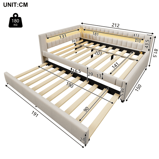 Sofá-cama 140x200 cm - Cama com LED, cama extra, USB + TYPE-C, linho - Bege Sofá-cama 140x200 cm - Cama com LED, cama extra, USB + TYPE-C, linho - Bege