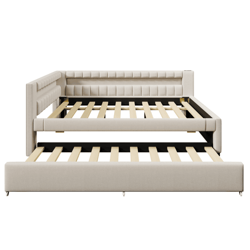 Sofá-cama 140x200 cm - Cama com LED, cama extra, USB + TYPE-C, linho - Bege Sofá-cama 140x200 cm - Cama com LED, cama extra, USB + TYPE-C, linho - Bege