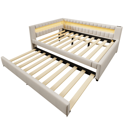 Sofá-cama 140x200 cm - Cama com LED, cama extra, USB + TYPE-C, linho - Bege Sofá-cama 140x200 cm - Cama com LED, cama extra, USB + TYPE-C, linho - Bege