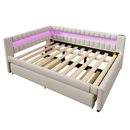 Sofá-cama 140x200 cm - Cama com LED, cama extra, USB + TYPE-C, linho - Bege Sofá-cama 140x200 cm - Cama com LED, cama extra, USB + TYPE-C, linho - Bege