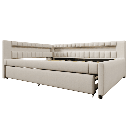 Sofá-cama 140x200 cm - Cama com LED, cama extra, USB + TYPE-C, linho - Bege Sofá-cama 140x200 cm - Cama com LED, cama extra, USB + TYPE-C, linho - Bege