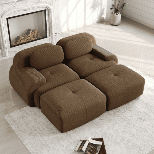 Sofá de 2 lugares - modular com chaise longue, rústico e ergonómico, almofadas hochelásticas - Castanho
