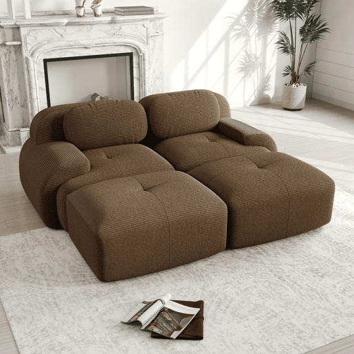 Sofá de 2 lugares - modular com chaise longue, rústico e ergonómico, almofadas hochelásticas - Castanho