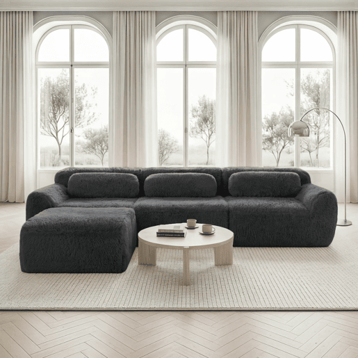 Sofá modular L 3 lugares - Tecido felpudo, sem montagem, com almofadas, antiderrapante - Cinza