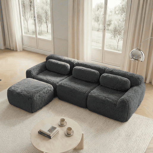 Sofá modular L 3 lugares - Tecido felpudo, sem montagem, com almofadas, antiderrapante - Cinza
