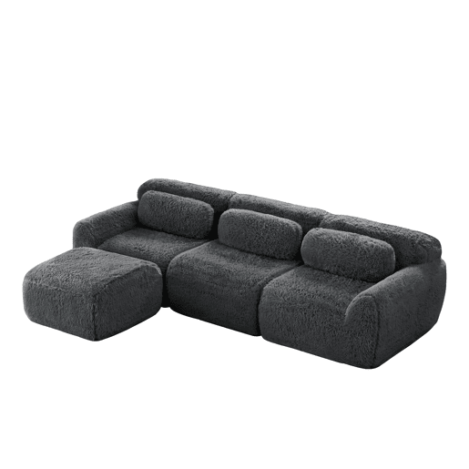 Sofá modular L 3 lugares - Tecido felpudo, sem montagem, com almofadas, antiderrapante - Cinza