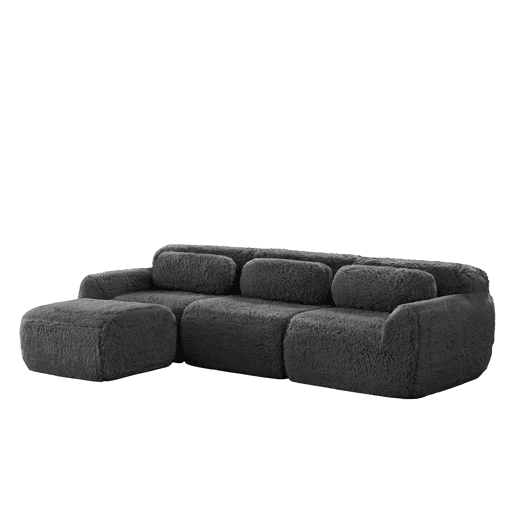 Sofá modular L 3 lugares - Tecido felpudo, sem montagem, com almofadas, antiderrapante - Cinza