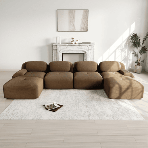 Sofá modular U 4 lugares - Cord respirável, acolchoado 32D, braços largos, ergonómico e adequado para animais de estimação - Castanho