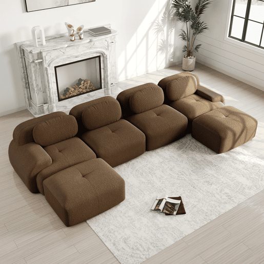Sofá modular U 4 lugares - Cord respirável, acolchoado 32D, braços largos, ergonómico e adequado para animais de estimação - Castanho