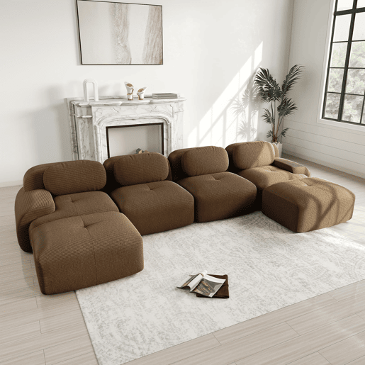 Sofá modular U 4 lugares - Cord respirável, acolchoado 32D, braços largos, ergonómico e adequado para animais de estimação - Castanho