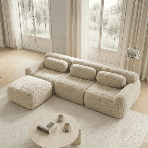 Sofá modular L - Plüsch, sem montagem, almofadas, antiderrapante, confortável - Bege claro
