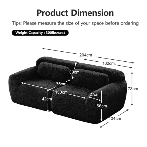 Sofá de 2 lugares - design modular sem estrutura, macio, almofadas, antiderrapante - Preto