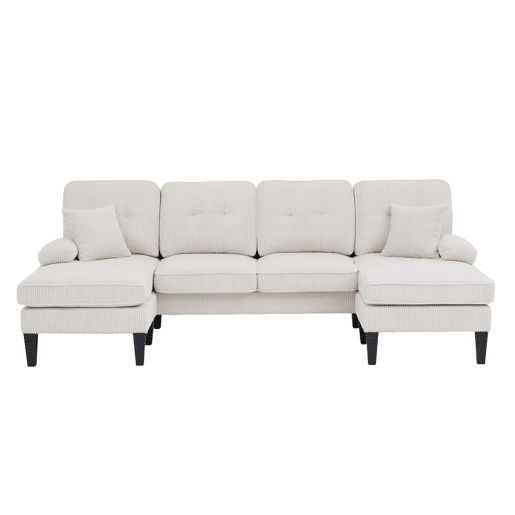 Sofá moderno de 4 lugares em U - chaise longue dupla, tecido cordão, confortável, bege