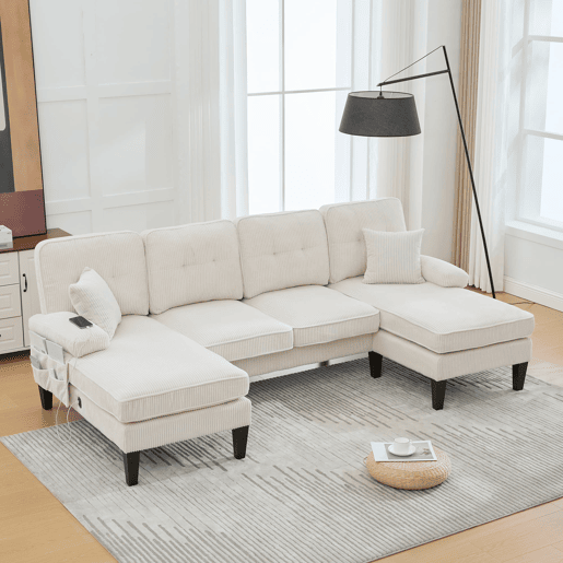 Sofá moderno de 4 lugares em U - chaise longue dupla, tecido cordão, confortável, bege