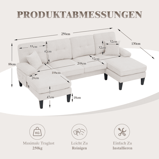 Sofá moderno de 4 lugares em U - chaise longue dupla, tecido cordão, confortável, bege