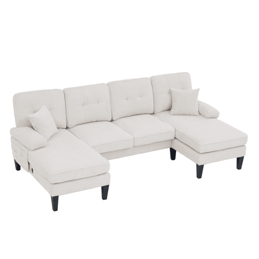 Sofá moderno de 4 lugares em U - chaise longue dupla, tecido cordão, confortável, bege