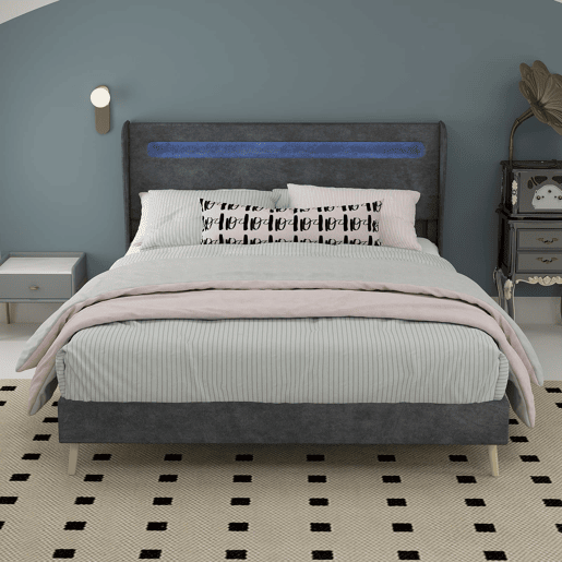 Cama estofada 140x200 - cabeceira com LED integrado, base baixa sem arrumação - cinzento