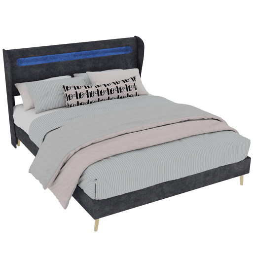 Cama estofada 140x200 - cabeceira com LED integrado, base baixa sem arrumação - cinzento