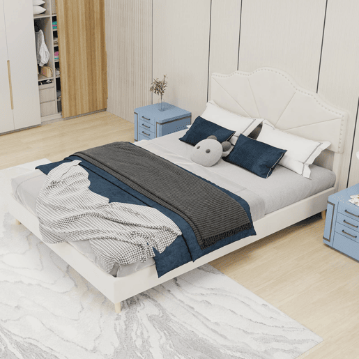 Cama estofada 140x200 - Moderna, cabeceira suave e confortável, funcional - Bege