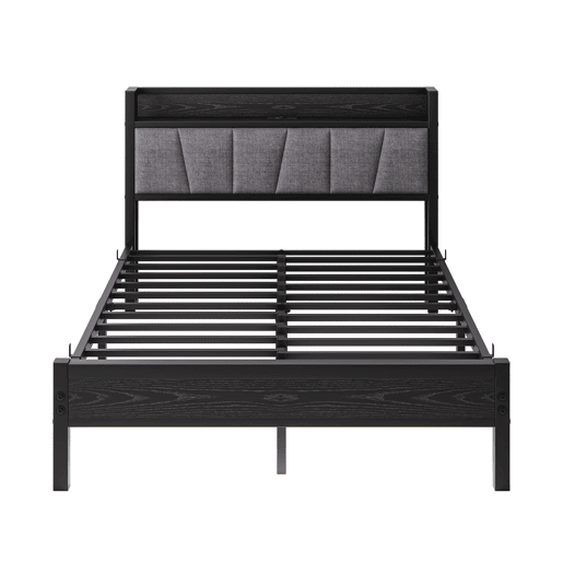 Cama 140x190cm - Estrutura com luzes LED, cabeceira com USB, lâminas metálicas, fácil montagem - Preto
