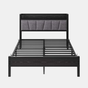 Cama 140x190cm - Estrutura com luzes LED, cabeceira com USB, lâminas metálicas, fácil montagem - Preto